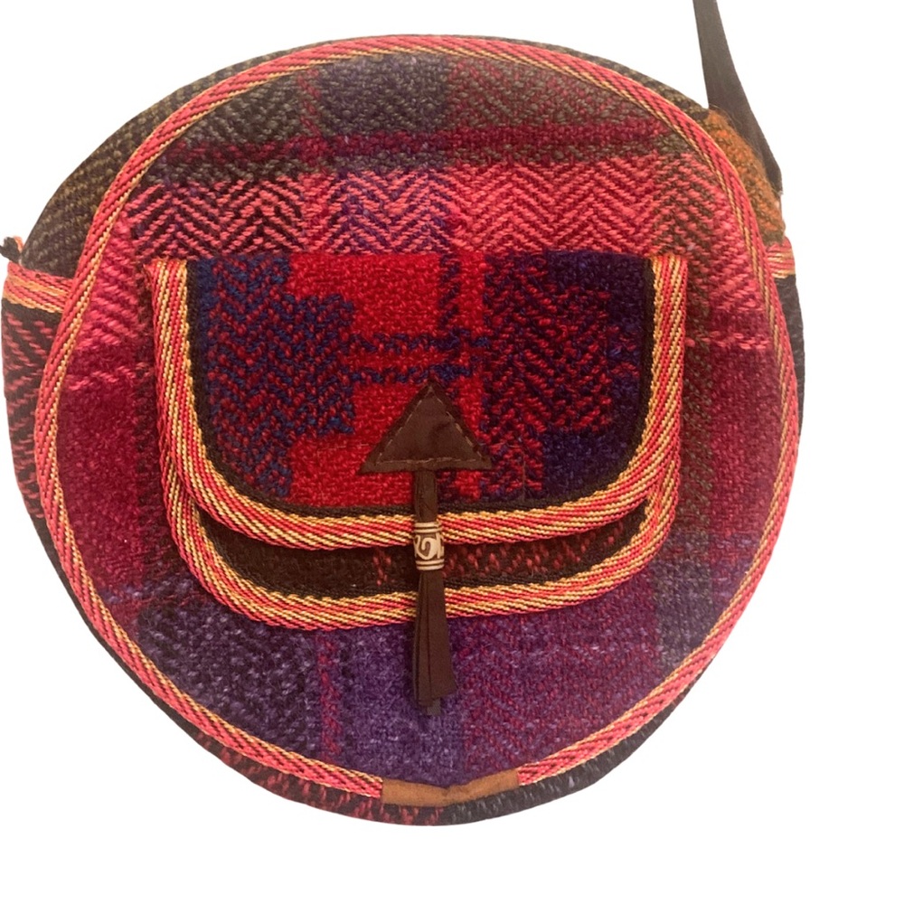2/$30 Round Vintage Plaid Boho Crossbody Bag Brown Red Southwestern Western - Picture 3 of 8